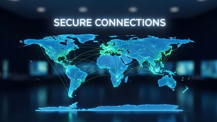 World map with glowing connections representing secure global network and data transmission
