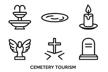 Cemetery Icon Set. Line style icons of Cemetery Tourism: cemetery fountain, reflection pond, candle offering, angel wings