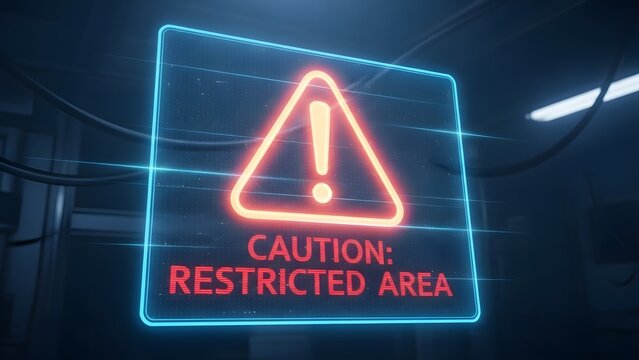 Futuristic caution sign with glowing neon warning symbol and restricted area text - Powered by Adobe