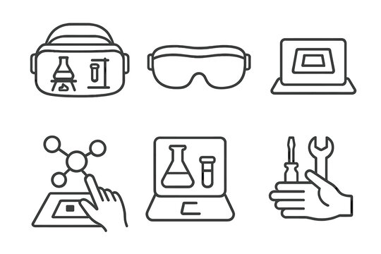 Virtual Lab Innovations. Line style icons of VR and AR virtual labs: VR headset with lab view, mixed reality goggles, AR marker on