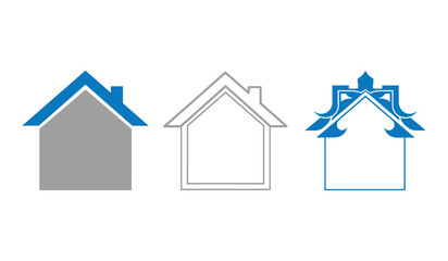 Three house icons with blue and gray colors and line art on white background Keywords: house, home, building, real estate, property, shelter, icon, symbol, design, illustration, graphic, blue