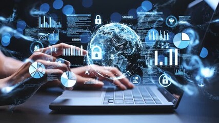 Hands typing on laptop with glowing digital globe and data streams technology earth - Powered by Adobe