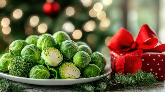 Fresh green salad on plate with red bow, festive Christmas background, Veganuary holiday theme with vibrant seasonal greens and cheerful plant based diet