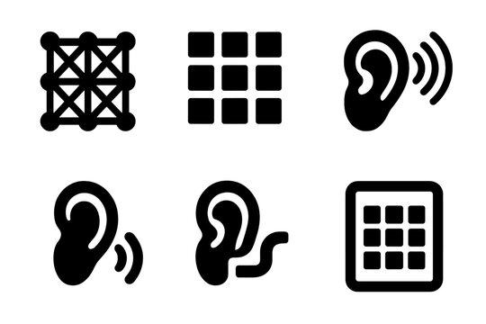 Sonic Structure Icons. Solid style icons of sound-receiving structures: sonic lattice, auditory grid, listening channel, aural