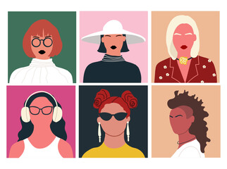 Obraz premium Abstract people portraits set. Faceless, female characters. Person poster, head avatar, hand drawn vector illustration.