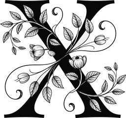 Ornate x letter with elegant floral vines and leaves illustration