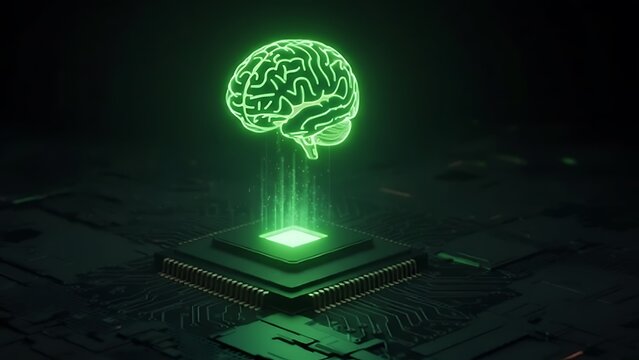 Glowing Green Brain Hologram Rises from Futuristic Microchip on Dark Circuit Board - Powered by Adobe