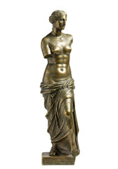 An exquisitely detailed ancient greek bronze statue of venus de milo with an aged patina, standing in a contrapposto pose on a transparent background. Reverence for classical art and mythology