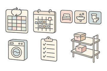 Family Task Planner Tools. Isometric vector illustration set of family task distribution tools: household rotation planner,