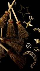 Witch brooms and magical symbols on black background occult charms, moon, stars and pentagram for mystical rituals and witchcraft