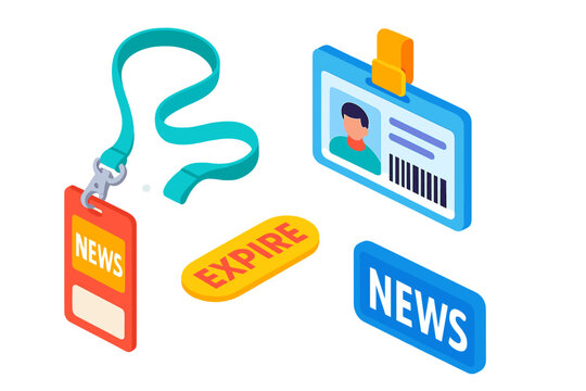 Vibrant Media ID Essentials. Isometric vector illustration set News and media &ndash; press pass lanyard, ID card, security clearance