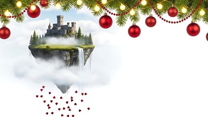 Christmas border with floating island castle and waterfall