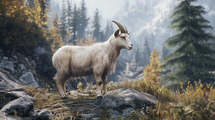 Obraz premium A mountain goat standing on a rocky outcrop with trees and mountains in the background scene view