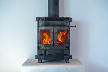 Fireplace inside house modern living room. Wood burner stove with burning flame behind a glass door close up