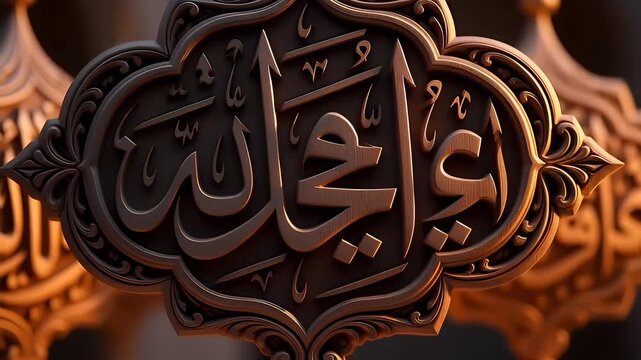 Intricate wood carving displays Arabic calligraphy in a workshop during daylight hours