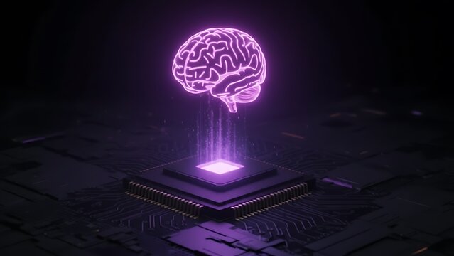 Neon Brain Hologram Emanating from a Futuristic Microchip on a Circuit Board - Powered by Adobe