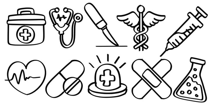 Set of hand drawn Medical theme Isolated Vector