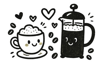 Espresso vs French Press. Playful doodle of espresso vs French press brewing styles, cute cups with different foam textures