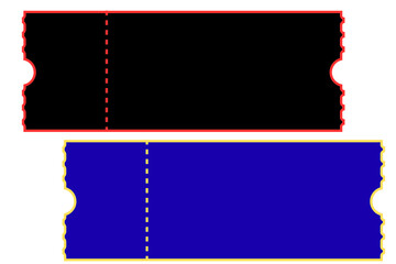 Two blank tickets one red outlined and one blue on black background