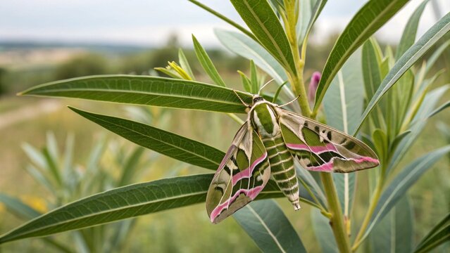 Stunning Oleander Hawk Moth (Daphnis nerii) resting on a green leaf in its natural garden habitat showing intricate camouflage patterns.