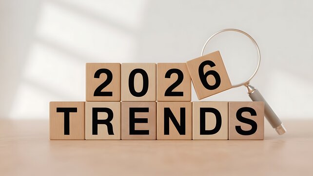 Exploring 2026 trends wooden blocks with year and magnifying glass