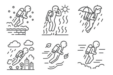 Jetpack Commuting Icons. Line style icons of jetpack commuting during seasons: snowy rooftop takeoff, summer heat cooling mode,