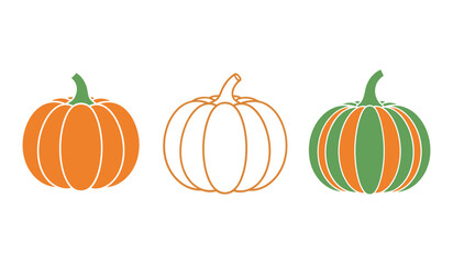Three stylized pumpkins in orange green and outline on white background halloween autumn