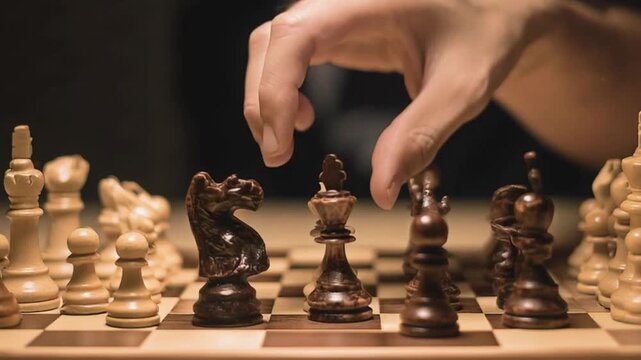 Hand making strategic chess move on wooden board in dramatic warm lighting close up, capturing intensity of competitive decision making, intellectual battle, tactical planning, skill logic mindset foc