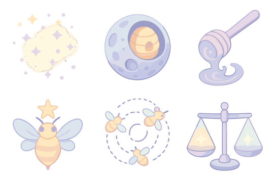 Lunar Beekeeping Icons. Isometric vector illustration set Lunar beekeeping series: glowing stardust particles, crater hive design,