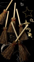 Witch brooms and magical symbols on black background occult charms, moon, stars and pentagram for mystical rituals and witchcraft