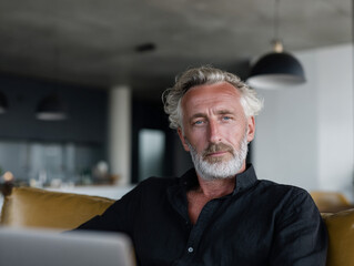 A stylish senior man with a laptop working remotely.