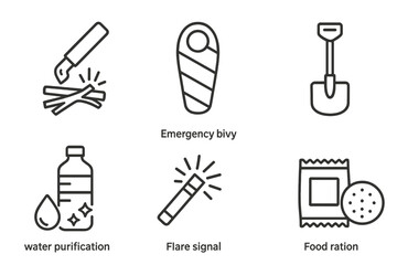 Fototapeta premium Winter Survival Icons. Line style icons of winter survival essentials: firestarter icon, emergency bivy, snow shovel, water