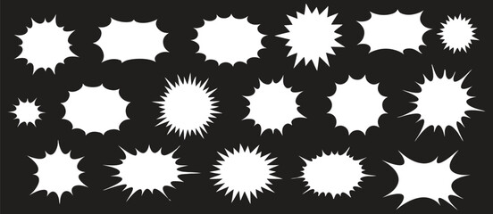 Comic burst shape set featuring bold starburst silhouettes. Dynamic explosive speech bubble designs for graphic projects. Perfect for comics, ads, and pop-art layouts.