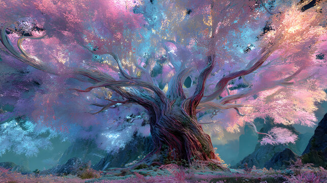 Enchanted fantasy tree with glowing pastel pink, blue, and violet colors in mystical landscape - Powered by Adobe