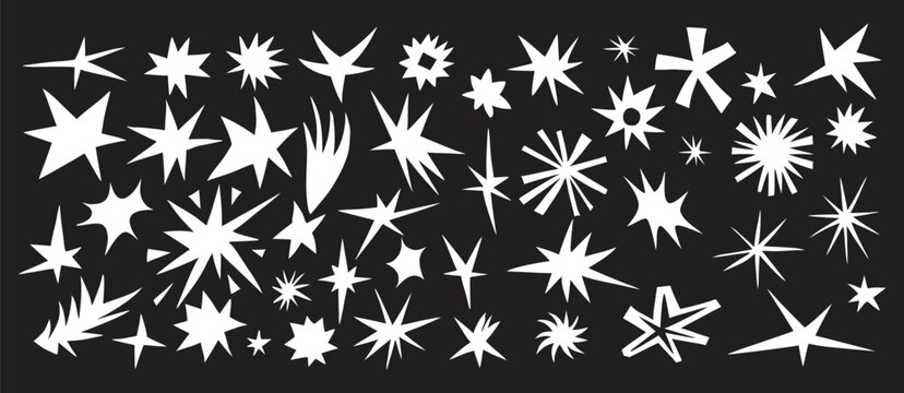 Minimal starburst shapes in bold white silhouettes on a black background create a dynamic abstract design. Modern star icons offer versatile use for decoration and branding. Clean vector star elements