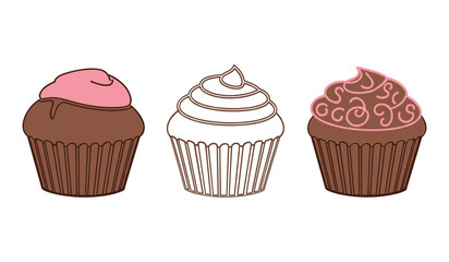 Chocolate Cupcakes with Pink Frosting Illustration and Outline on White Background muffin dessert