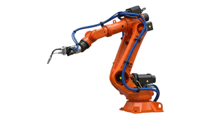 Orange industrial robotic arm with blue hydraulic hoses and welding torch attachment isolated on a transparent background