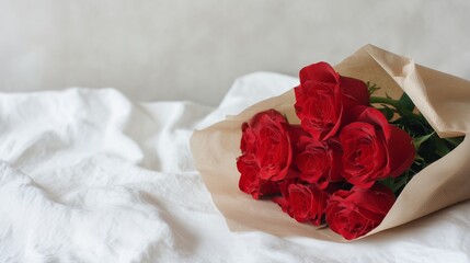 Fototapeta premium Elegant arrangement of fresh roses on a minimalist backdrop, symbolizing affection and classic beauty.