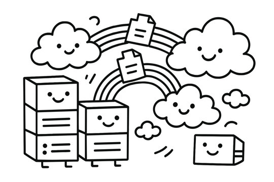 Happy Cloud Collaboration. Charming doodle art of smiling servers and clouds collaborating to store and share files through doodly