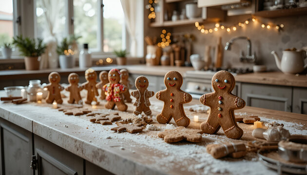 Festive gingerbread men cookies on kitchen counter ready for christmas holiday baking