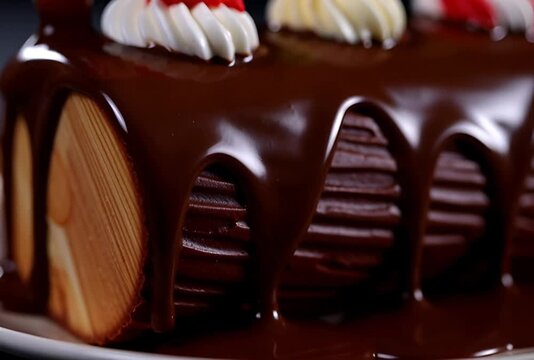 Close up of a rich chocolate yule log cake with ganache drip