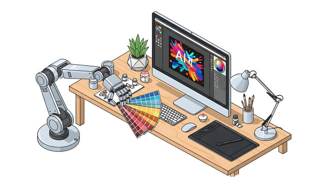 Artistic workstation with robot arm assistant displaying vibrant color palette and digital design interface for creative automation