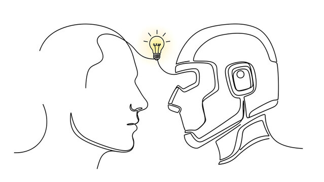 Continuous line drawing of human and robot sharing idea, light bulb represents connection, technology and artificial intelligence concept in minimalist style