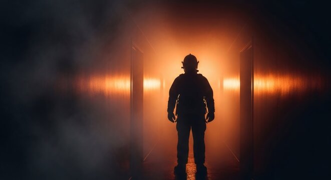 Silhouette of a firefighter standing in dark smoky hallway with orange glow. Emergency rescue and fire safety concept for disaster and accident preparedness.