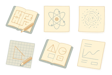 Scientific Sketch Series. Isometric vector illustration set Logbook discoveries: scribbled circuits, atomic sketches, swirling