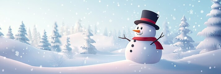 A cheerful snowman with a black top hat, red scarf, and carrot nose stands in a snowy winter landscape with gently falling snowflakes