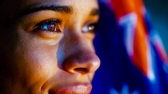 A close-up of a person's face with a blurred background possibly a flag featuring a focus on the eyes and nose