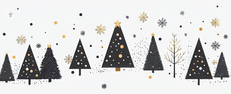 Vector banner with black and gold trees, grey background, simple geometric shapes