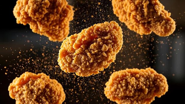 Crispy Fried Chicken Nuggets Falling with Golden Crumbs High Speed.