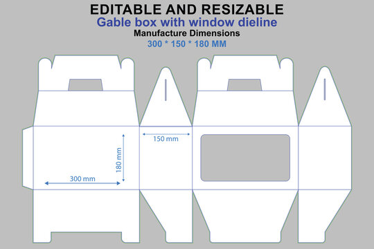 Gable box with window dieline and manufacture dimensions 300x150x180 mm packaging box template